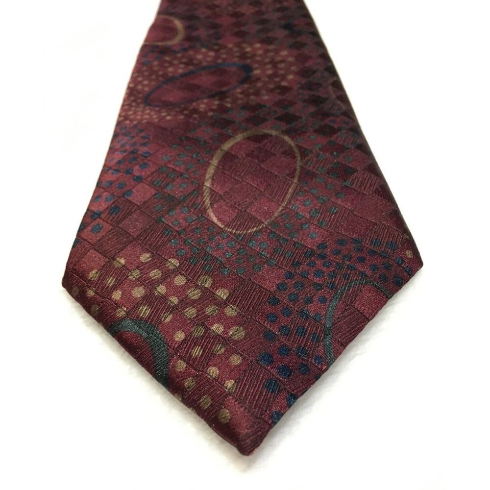 Vintage L'uomo Italy Tie Wine Teal Diamond Geo Dotted Men's Jacquard Necktie